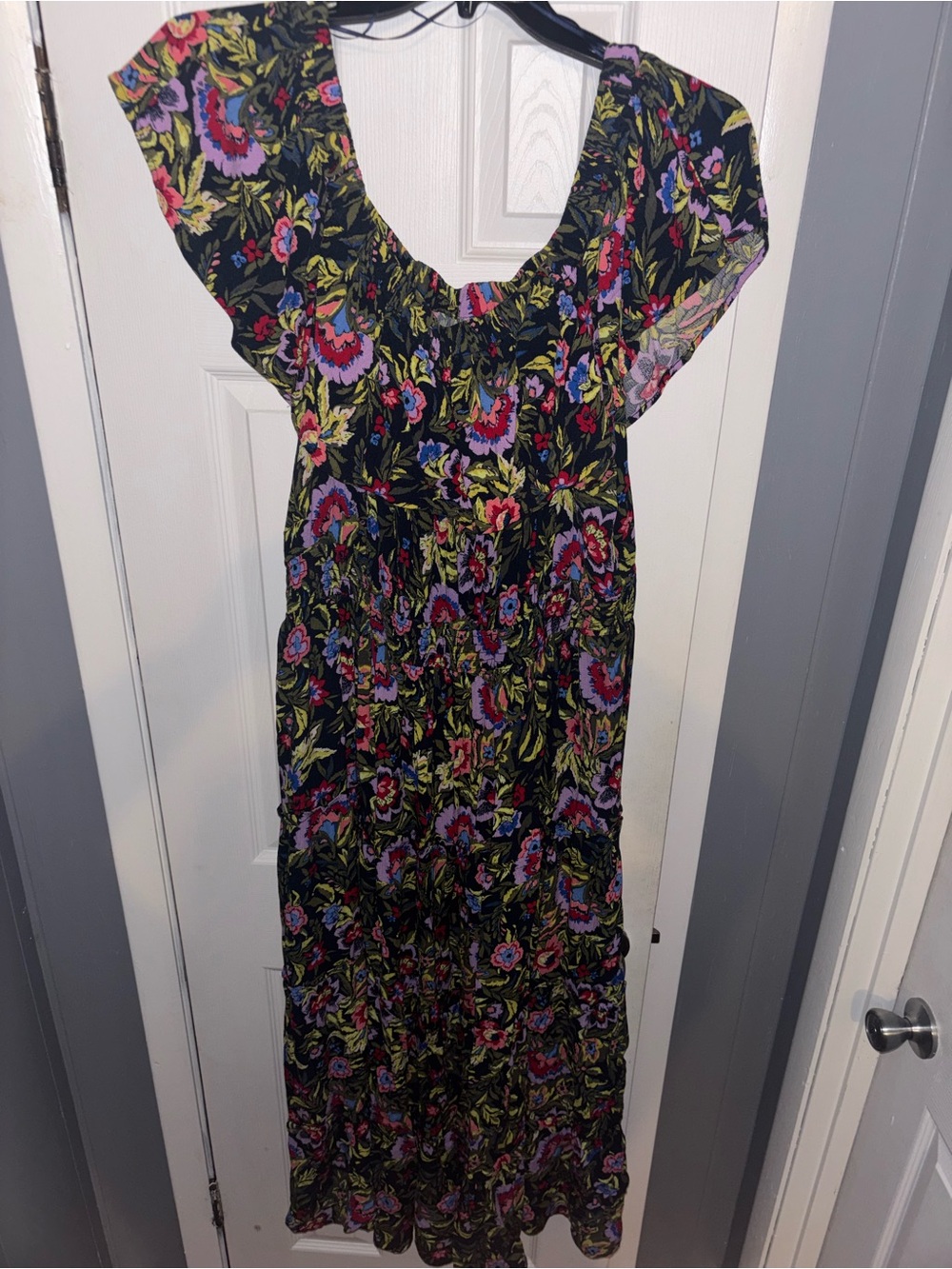Terra & Sky Black Maxi Dress with Pink, Purple & Green Floral Print